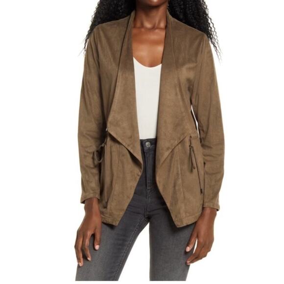 Blank NYC Faux Suede Draped Moto Jacket Small Olive Green Waterfall Open Front - Picture 1 of 11
